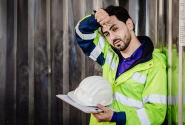 Construction worker wiping sweat off forehead